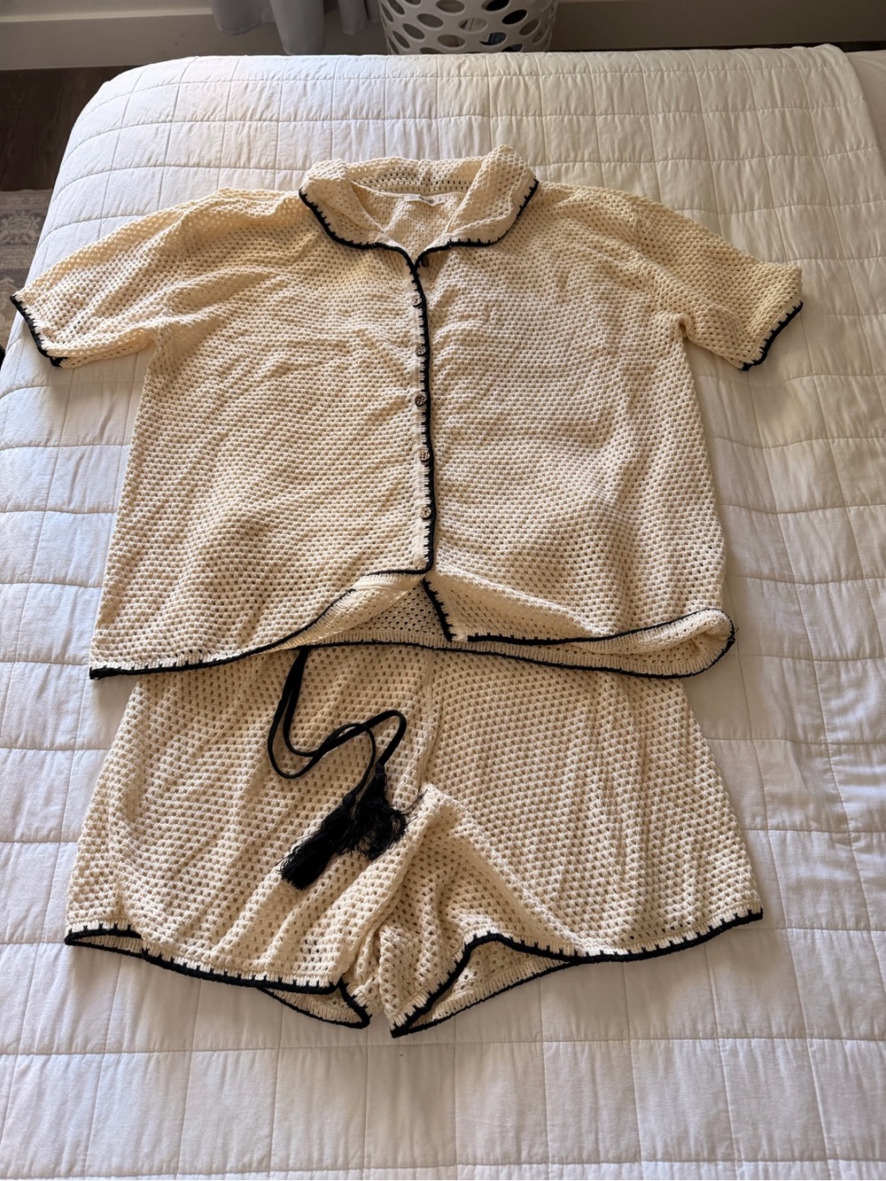 Sand and cloud Cream Knit Button-Front Coverup Top and Shorts with Black Trim